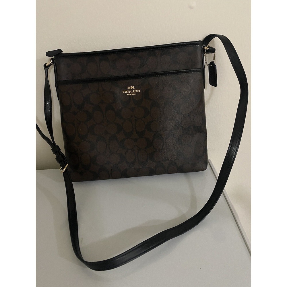 COACH D2097 F29210 black brown leather signature monogram crossbody hand bag